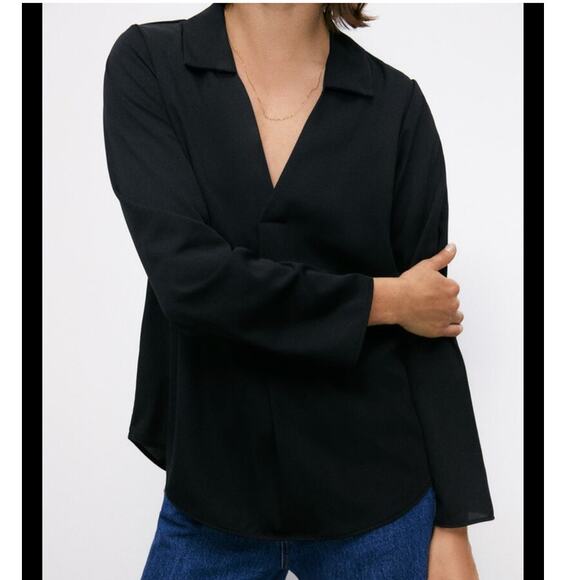 Zara Black V-Neck Collared Blouse Size XS Long Sleeves - Picture 1 of 9